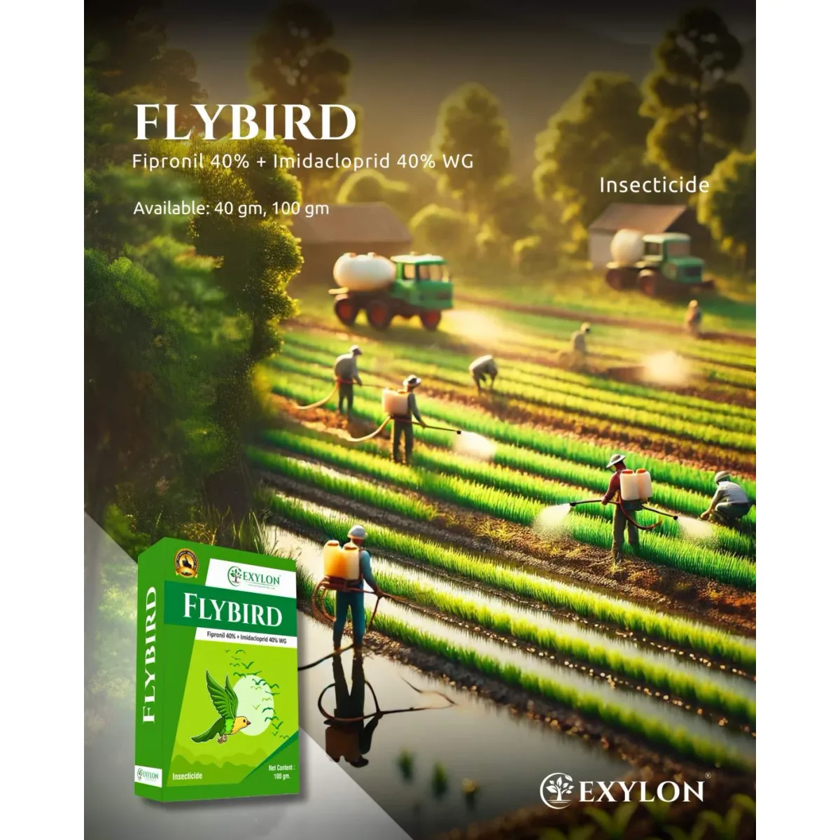 Exylon Flybird (Fipronil 40% + Imidacloprid 40% WG) – Effective Insecticide for Paddy, Groundnut, Vegetables & more